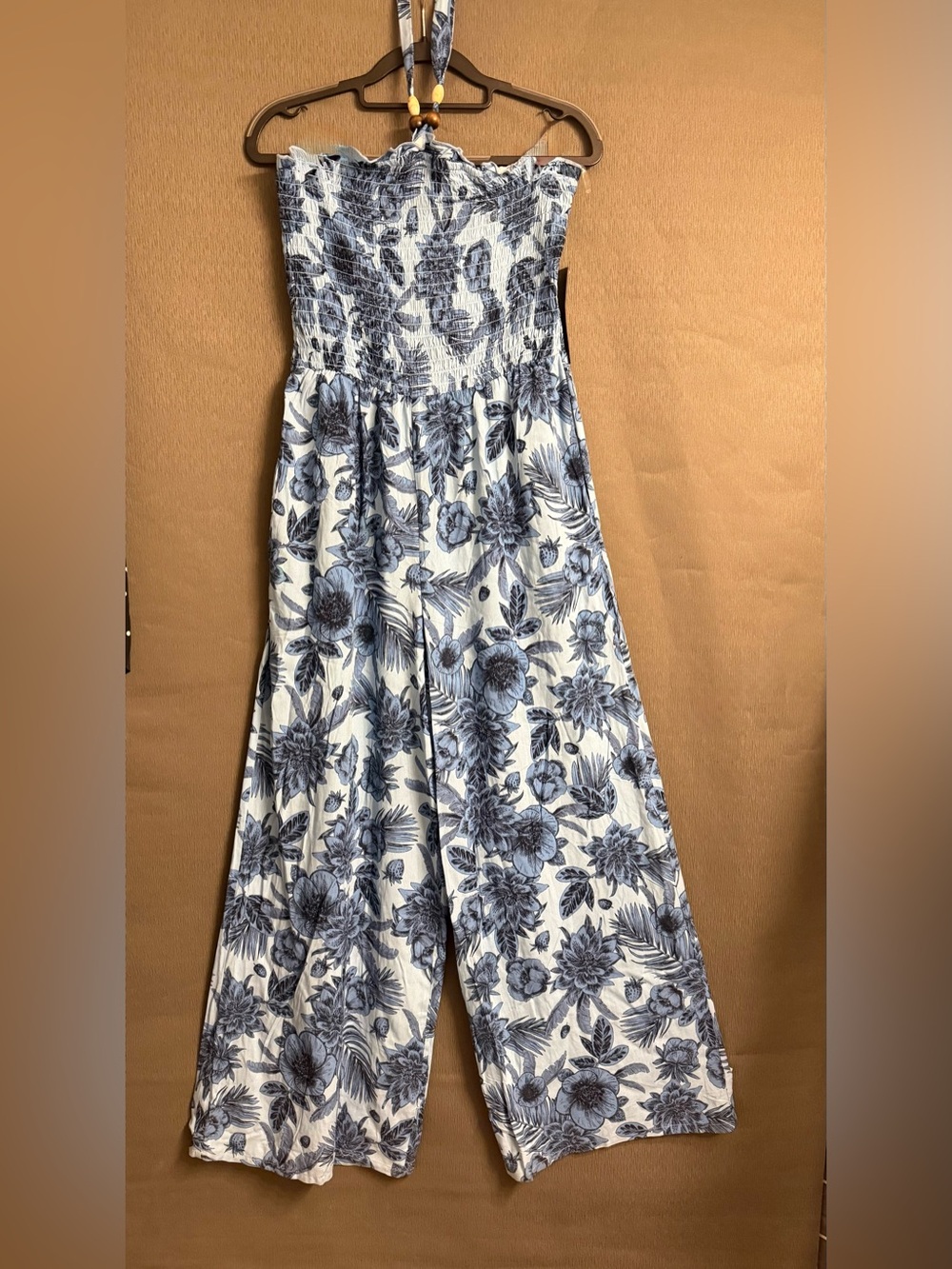 As You Wish Boho Floral Smocked Halter Wide Leg Jumpsuit Size Large NWT